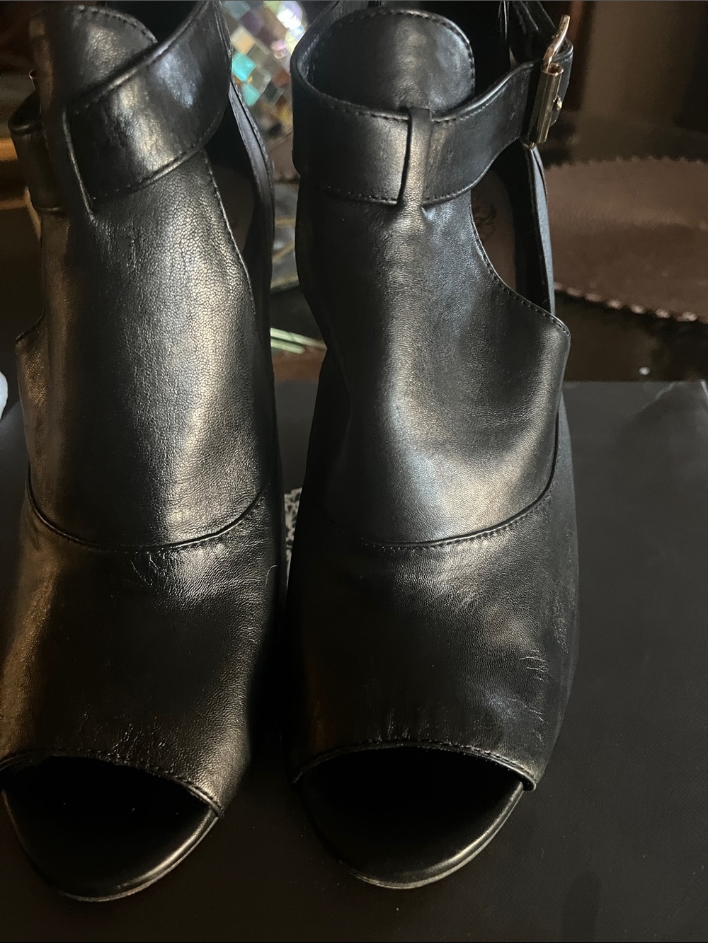 Vince Black Leather Peep-Toe Ankle Strap Heels